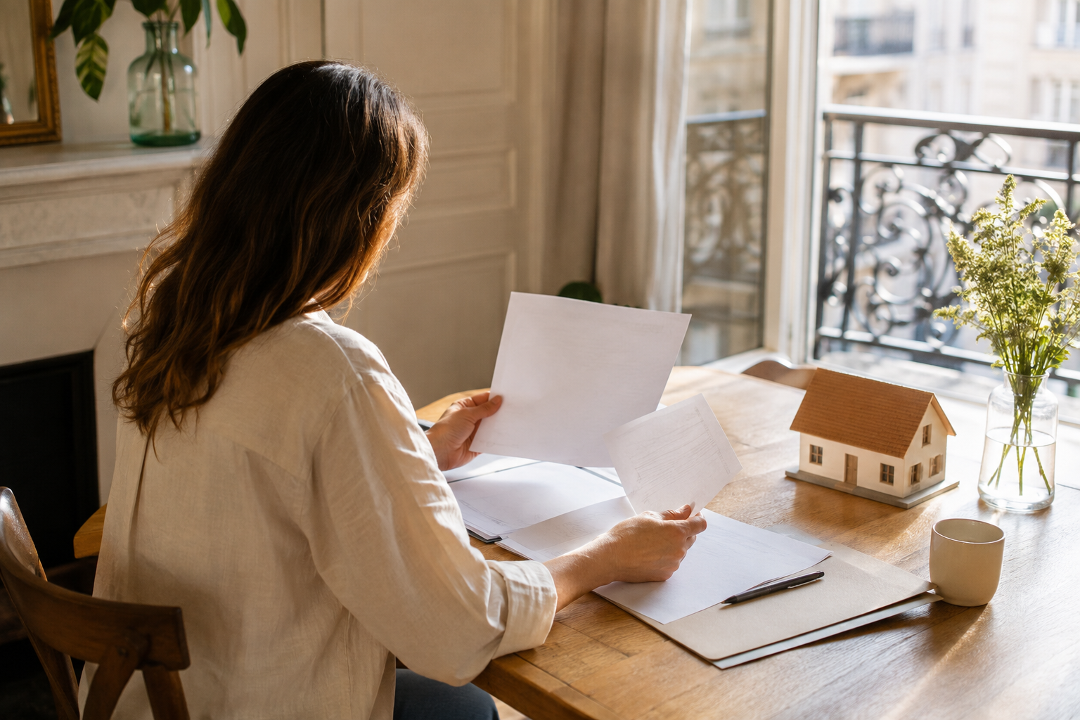 Une emprunteuse comparant ses documents de prêt à domicile