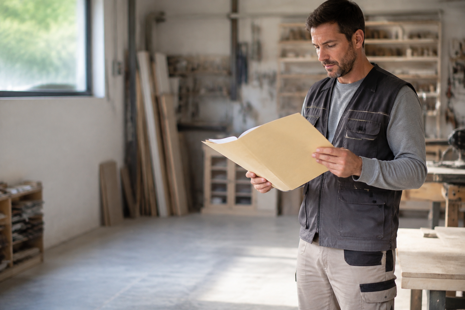 Un artisan relisant un dossier dans son atelier avant un chantier
