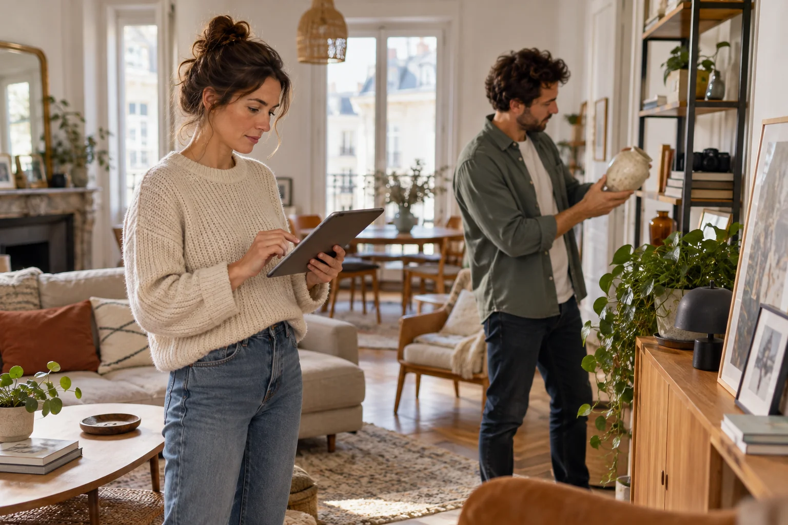 Deux occupants examinent les biens de leur logement avant de comparer une assurance habitation