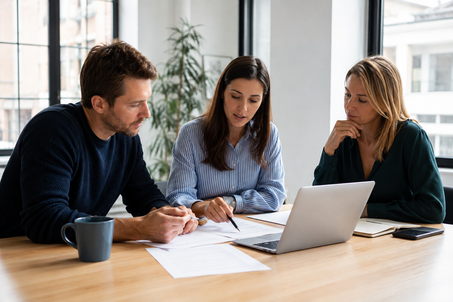 Trois professionnels comparant des documents autour d’une table