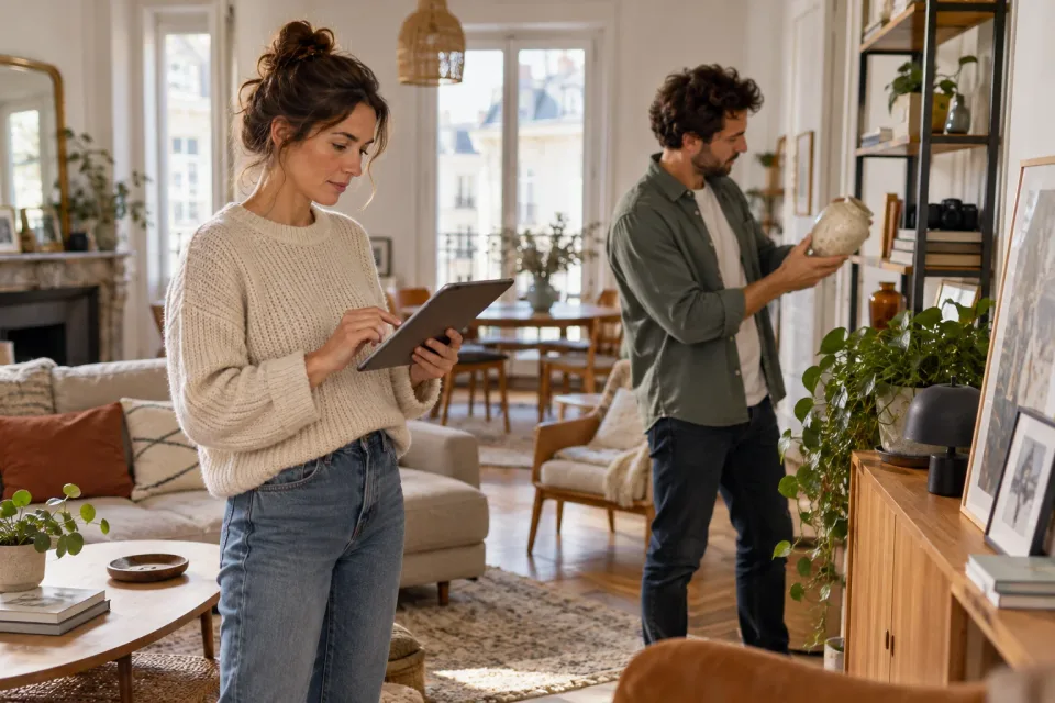 Deux occupants examinent les biens de leur logement avant de comparer une assurance habitation