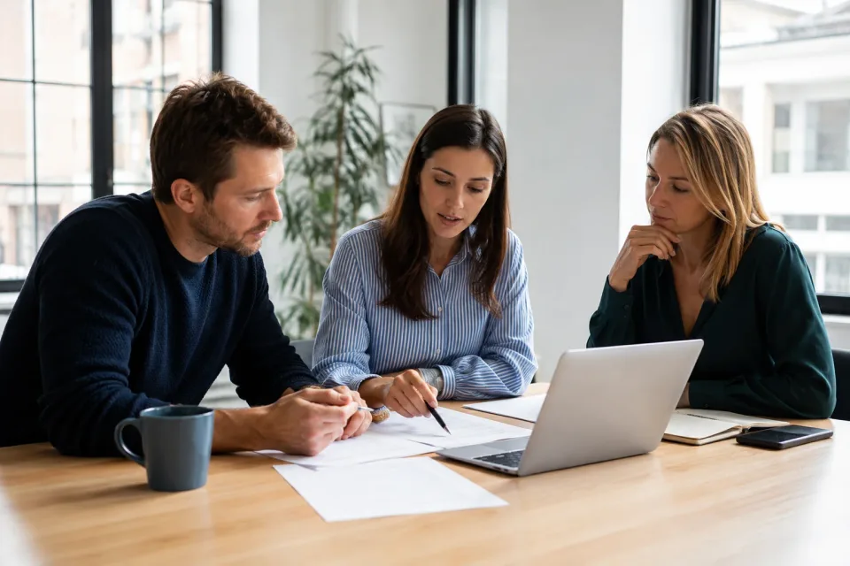 Trois professionnels comparant des documents autour d’une table